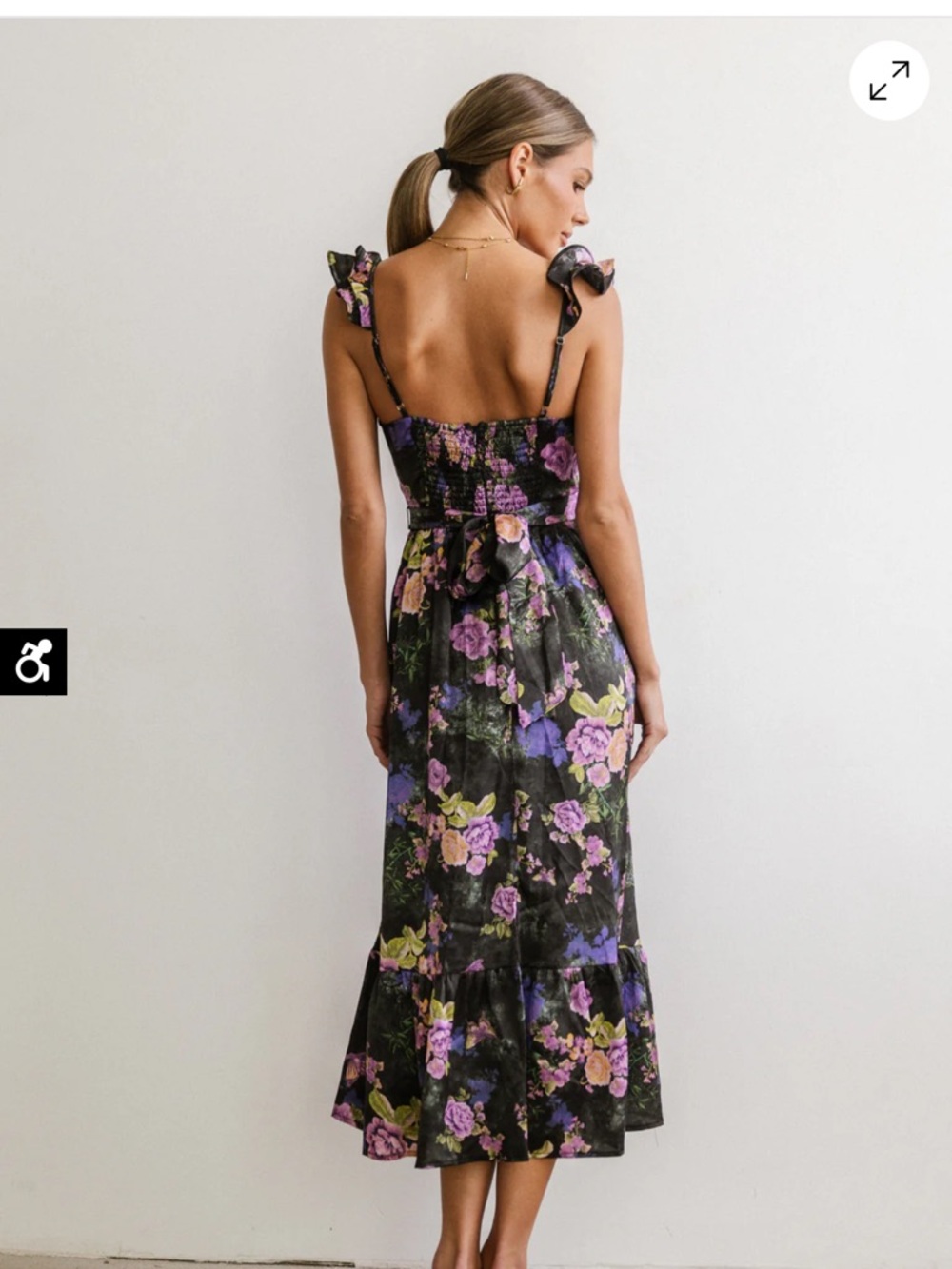 Lulu's Black Floral Ruffle-Striped Midi Dress with Purple and Pink Blooms - Picture 5 of 7